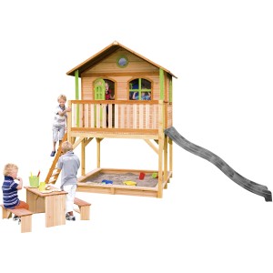 Axi Marc Spielhaus mit Rutsche, Sandkasten und Picknicktisch. Braun, grün und grau. Ideal für Kinder ab 3 Jahren.