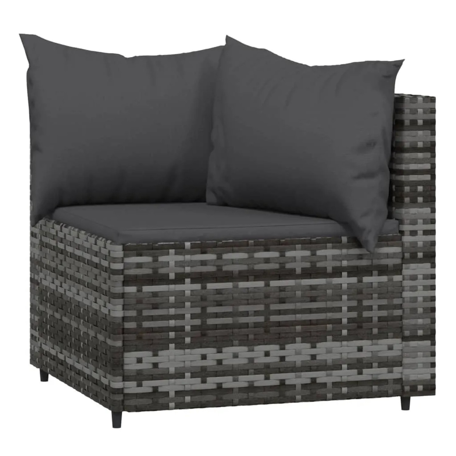 Graues Garten Lounge Eckteil aus Polyrattan mit anthrazitfarbenen Kissen.