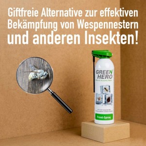 GreenHero Frost-Spray zur Insektenbekämpfung, mit Lupe auf Insekt.