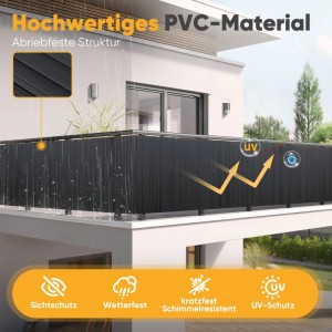Anthrazitfarbene Sunula PVC Sichtschutzmatte 80x500cm am Balkongeländer.