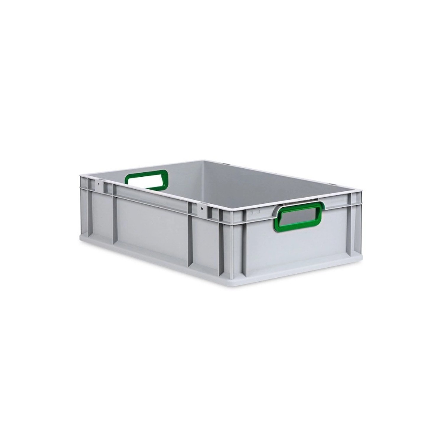 Graue PROREGAL Eurobox mit grünen Griffen, 34 Liter, ideal zur Aufbewahrung und als Transportbox.