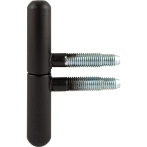 Schwarzes SFS Fenster-Einbohrband aus Stahl mit zwei Gewindebolzen. Fensterscharnier für stabile Montage.