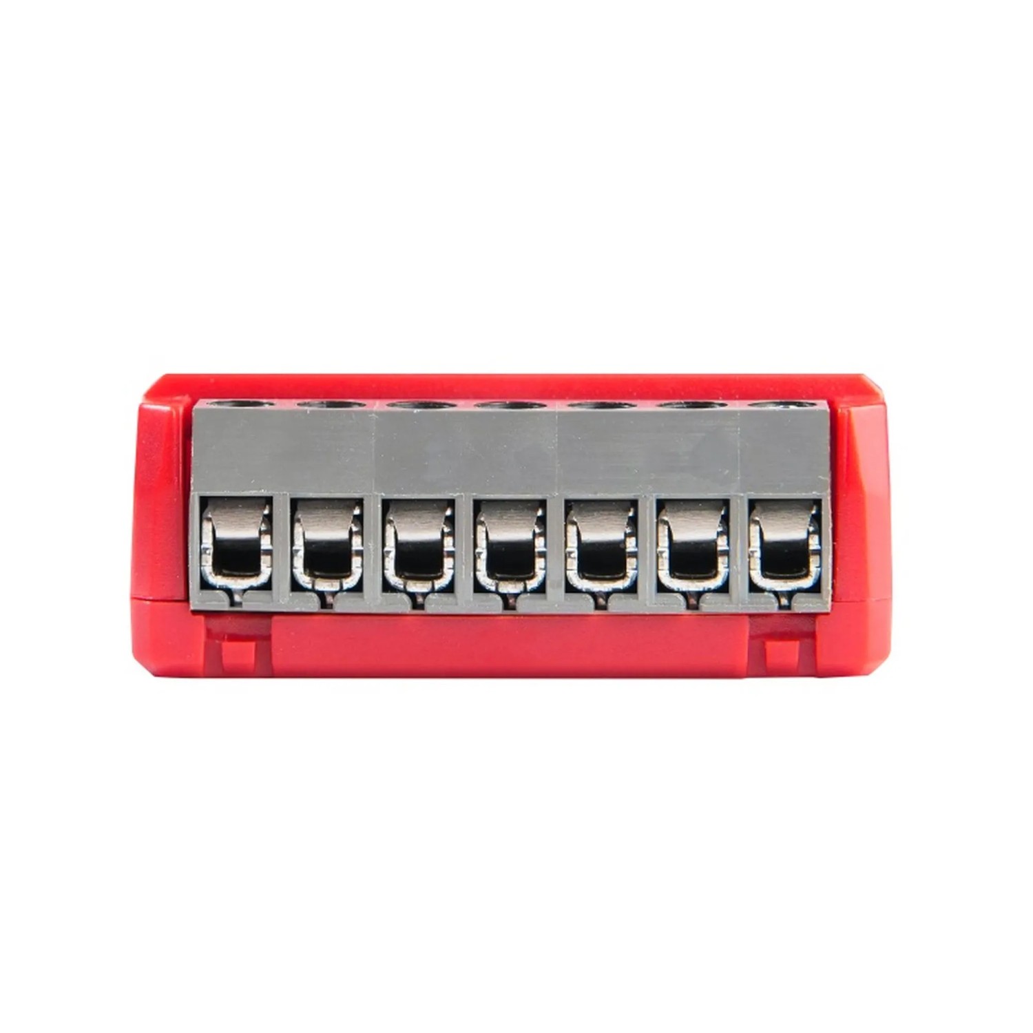 Rotes Shelly Smart-Relais 1PM Gen4 für die Hausautomation, Detailansicht der Anschlüsse.