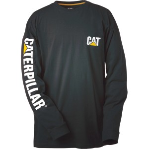 Schwarzes Cat Longsleeve in Größe M, Teil der Arbeitskleidung, mit Logo auf Brust und Ärmel.