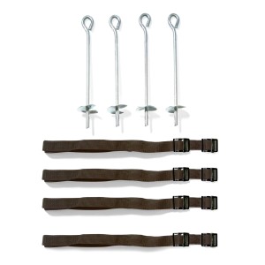 Plum Trampolin Bodenanker-Set mit 4 Haken und 4 Gurten zur sicheren Befestigung.