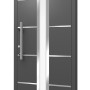 Moderne anthrazitfarbene Aluminium Haustür mit Edelstahl-Applikationen und Glasausschnitt.