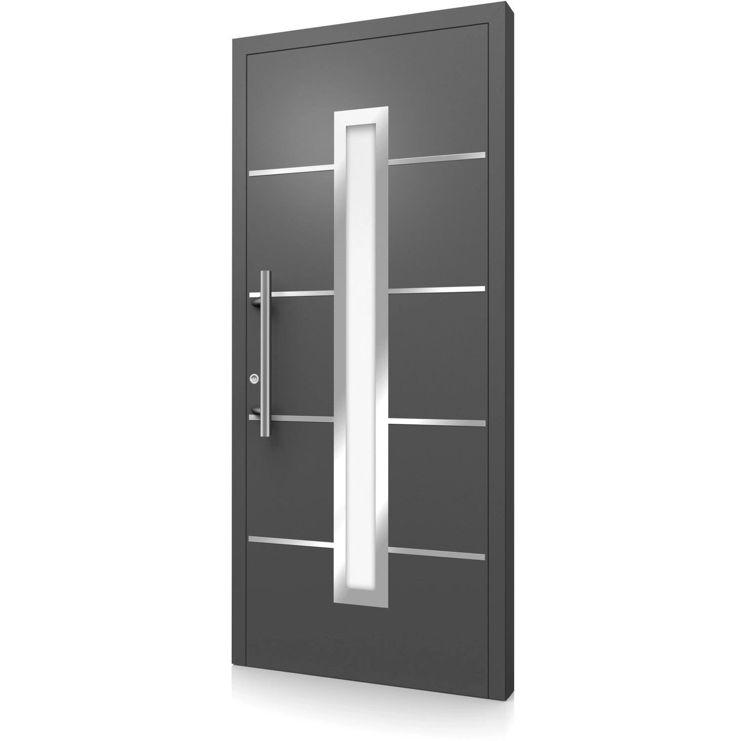 Moderne anthrazitfarbene Aluminium Haustür mit Edelstahl-Applikationen und Glasausschnitt.