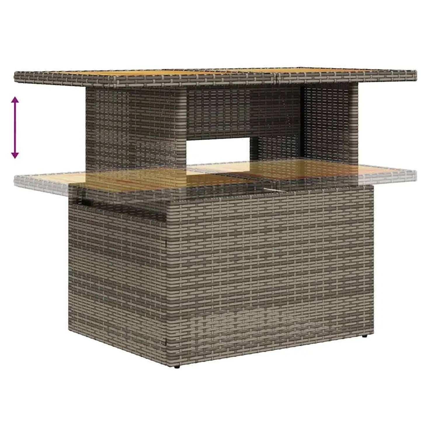 Höhenverstellbarer Tisch aus grauem Rattan und Akazie, Teil der vidaXL Garten-Sofagarnitur.