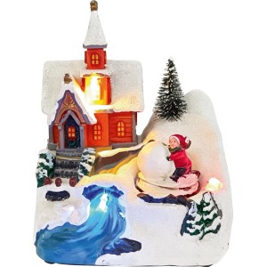 OBI Weihnachtsdorf Kirche, beleuchtet, mit Kind im Schnee. Mehrfarbige Kunststoff-Weihnachtsfigur.