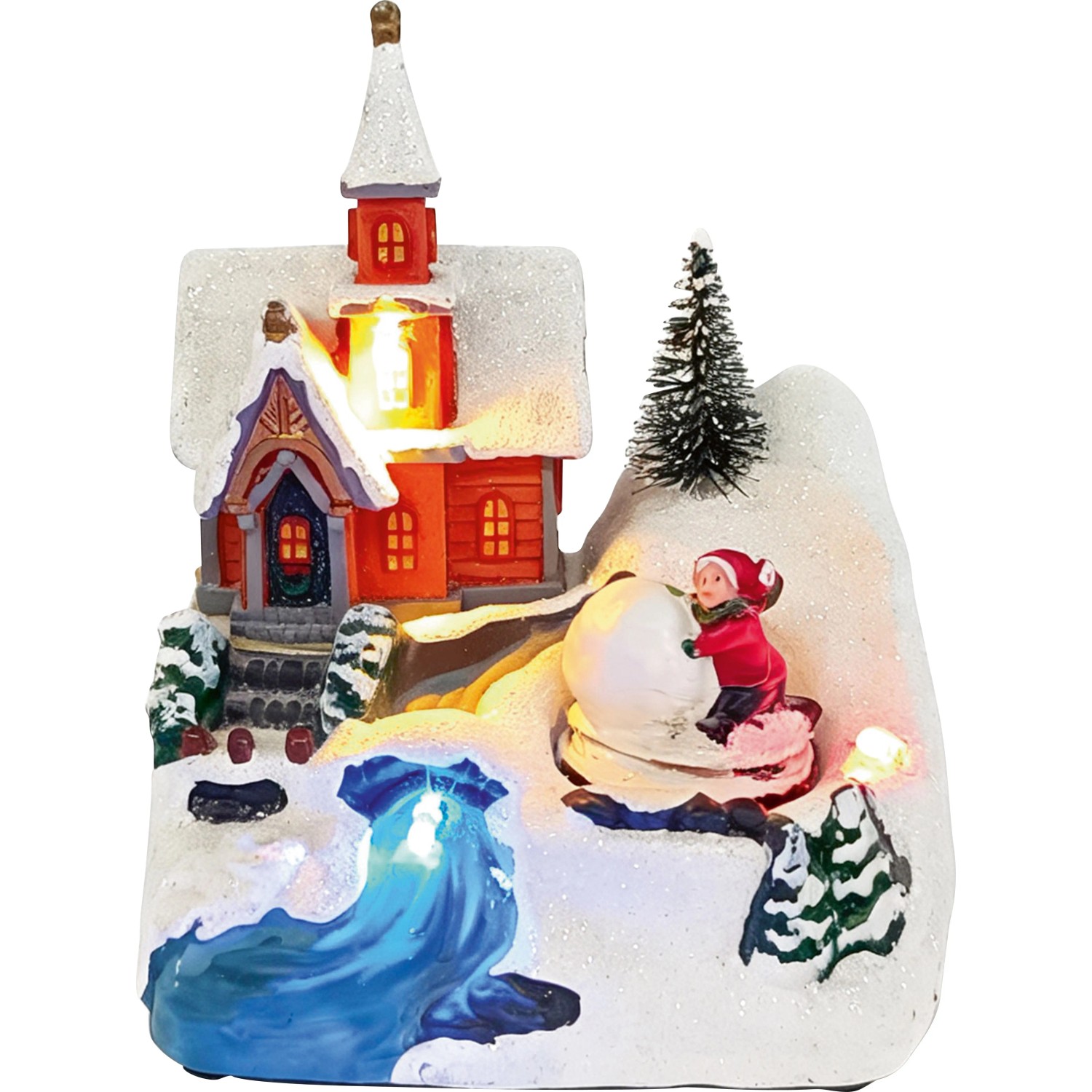 OBI Weihnachtsdorf Kirche, beleuchtet, mit Kind im Schnee. Mehrfarbige Kunststoff-Weihnachtsfigur.