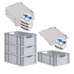 PROREGAL Spar Set: 4 graue Euroboxen mit Deckel und blauen Verschlüssen, 40x60cm, 44 Liter.