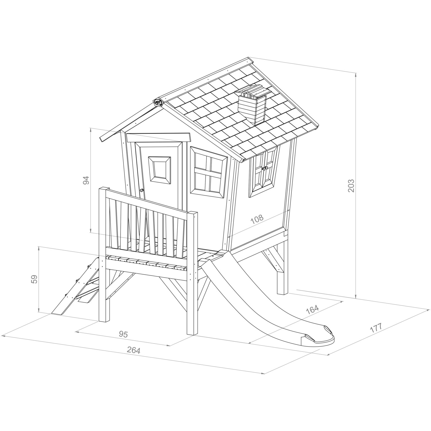 Axi Robin Spielhaus mit Rutsche, Maße: 177x264x203 cm. Ideal für Kinder zum Spielen im Garten.