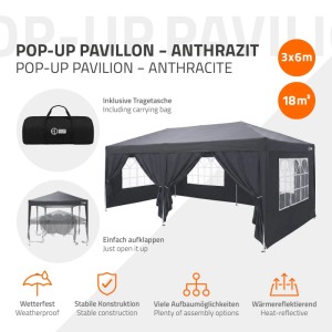 Anthrazitfarbener Pop Up Pavillon 3x6m mit Seitenwänden, Fenstern und Tragetasche. Wasserdichter Faltpavillon für Garten & Events.