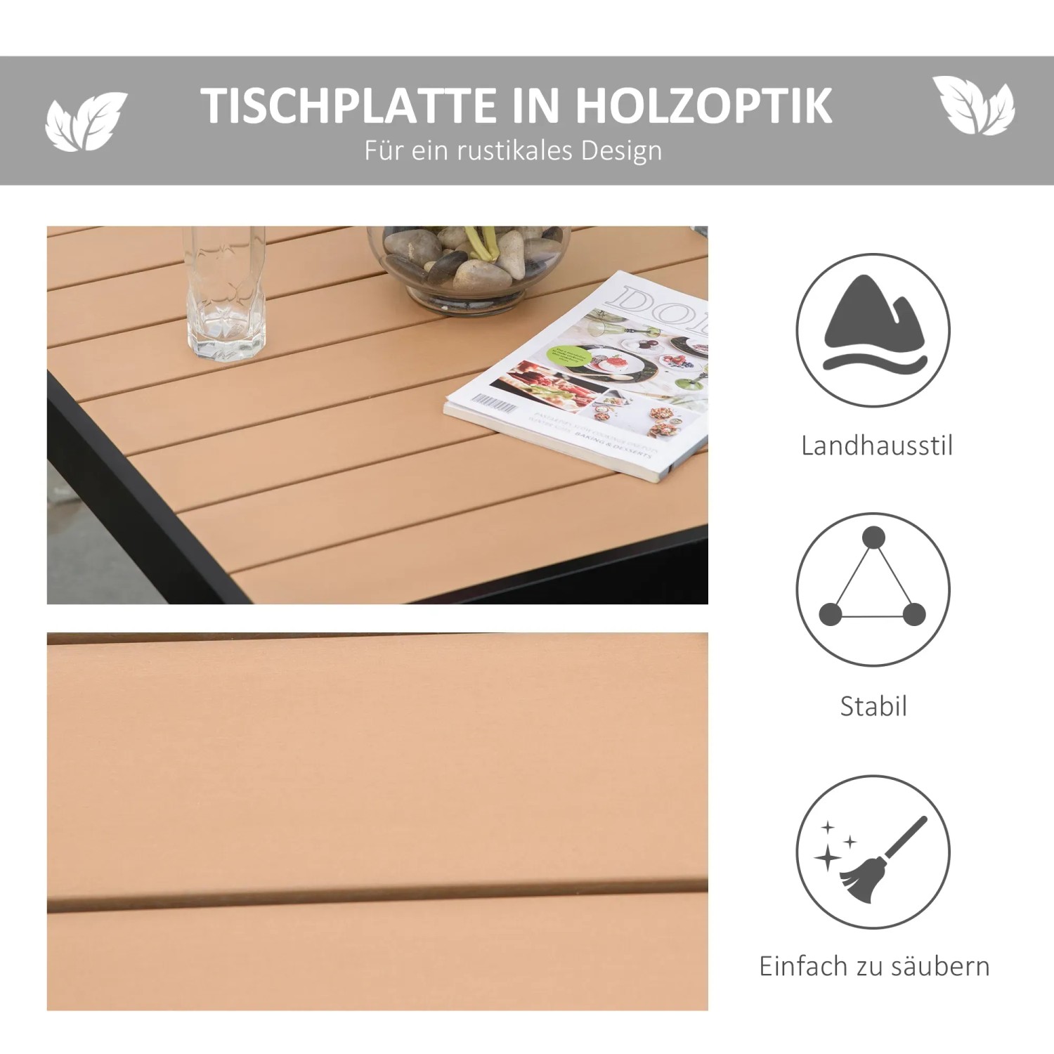 Outsunny Gartentisch für 4 Personen mit Tischplatte in Holzoptik.