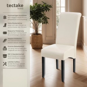 Tectake Esszimmerstuhl Gepolstert Mit Kunstlederbezug Hohe Rückenlehne 4Er Set 45 x 44 x 106 cm Creme