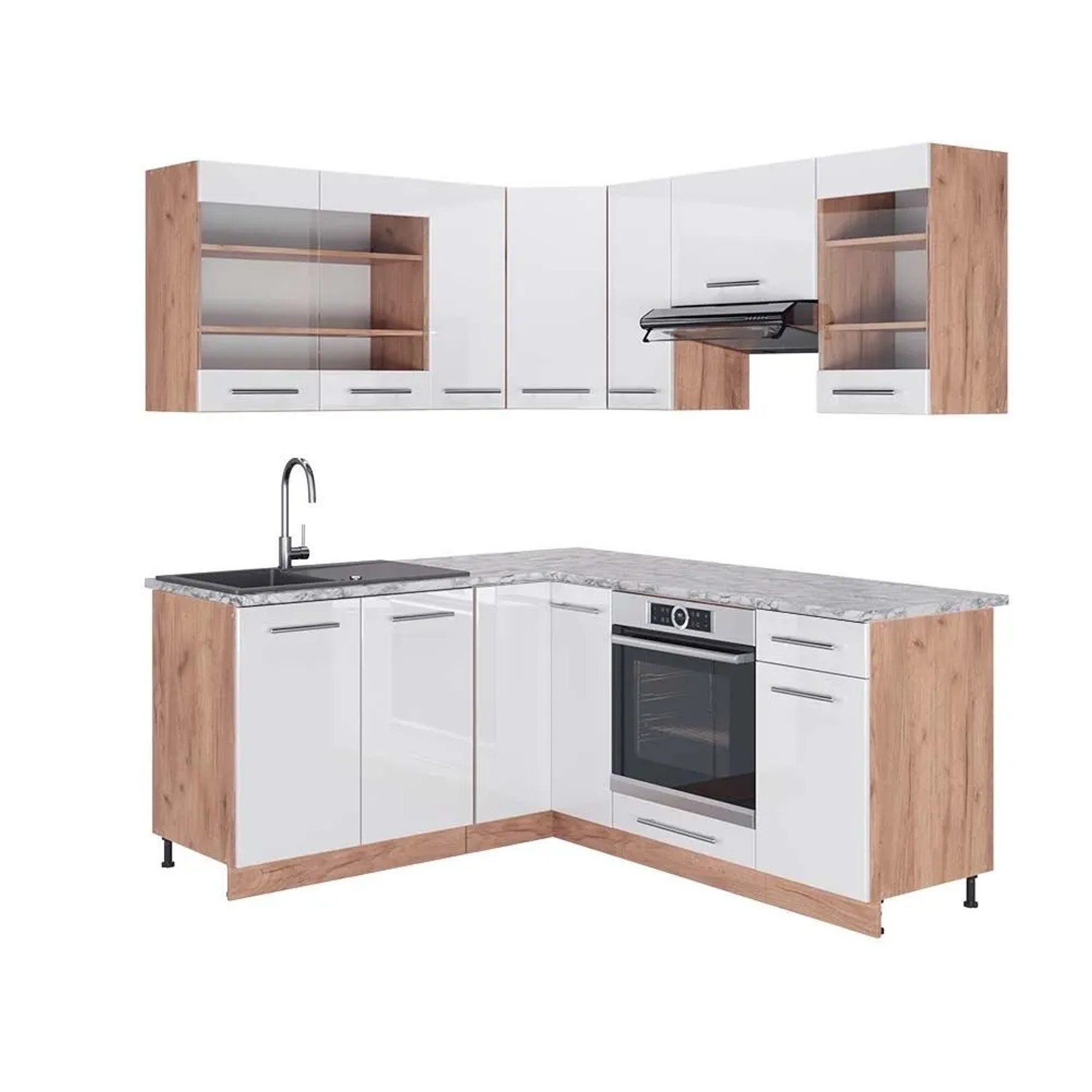 Vicco Eckküche Fame-Line Weiß Hochglanz/Goldkraft Eiche 190 x 82, AP Marmor
