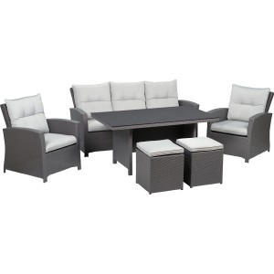 6-teiliges Lounge-Set Vermont mit Esstisch, Polyrattan Deep Water Concrete, für Garten oder Terrasse.