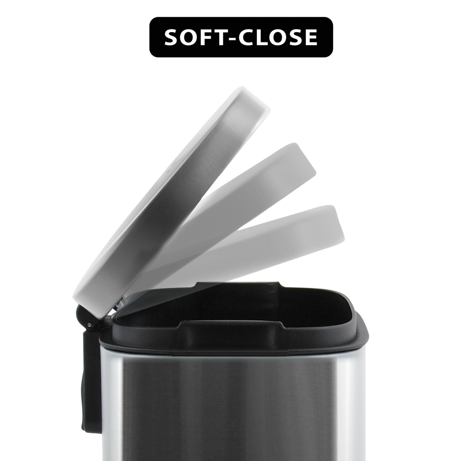 Spirella Kosmetikeimer Akira 30L Edelstahl mit Soft-Close Deckel in geöffneter Position.