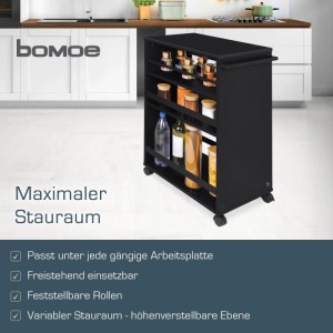 Bomoe Nischenwagen Bengt, Servierwagen auf Rollen, schwarz, mit drei Ablagen für Küche, Bad oder Büro.