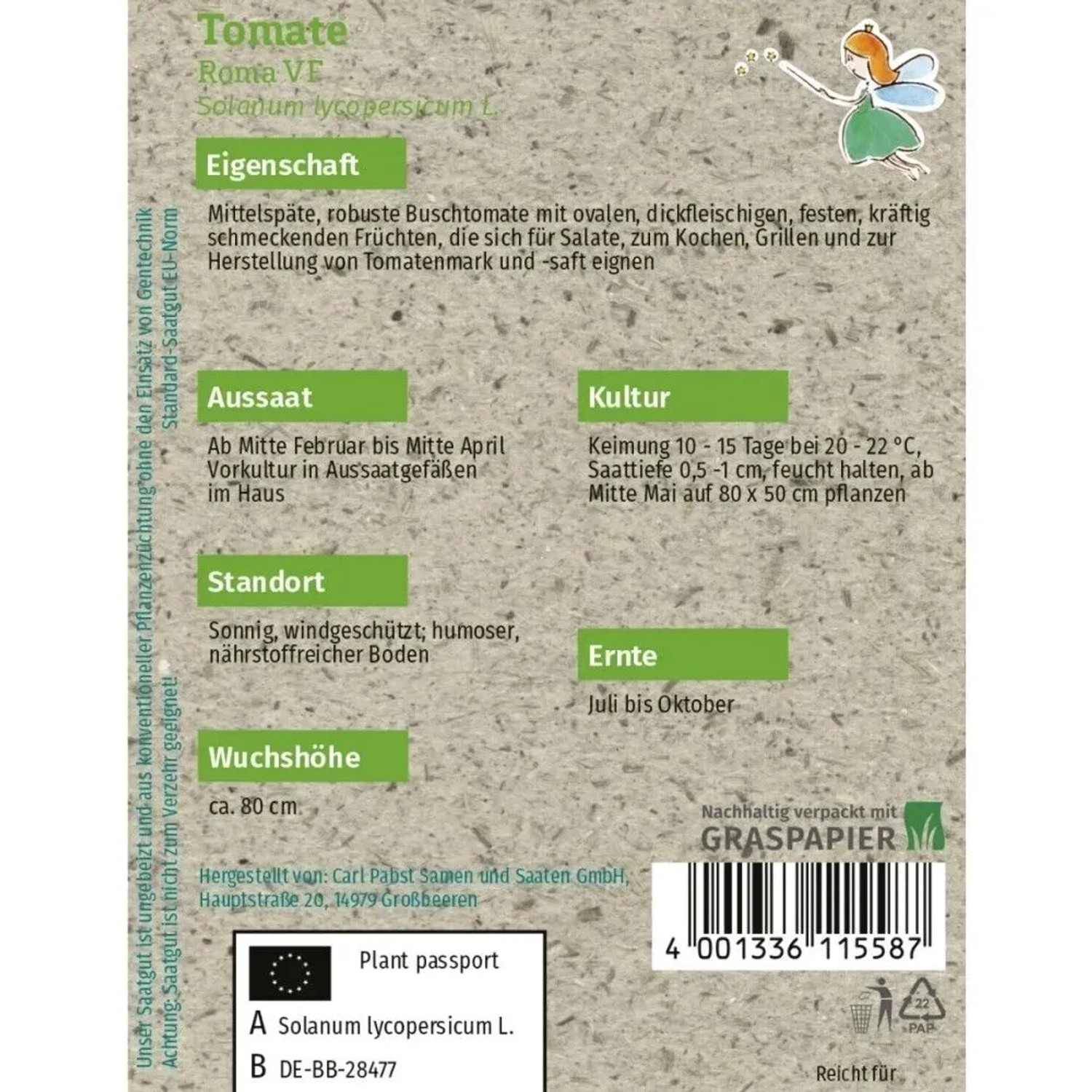 Grüne Fee Tomate Roma Vf Saatgutpackung, Rückseite mit Anbauanleitung, Produktinfos und Fee. Für Fruchtgemüse.