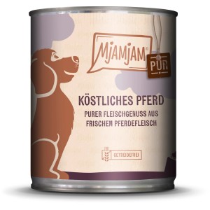 Mjamjam Hundenassfutter Pferd Pur, getreidefrei, 800g Dose mit Hunde-Illustration.