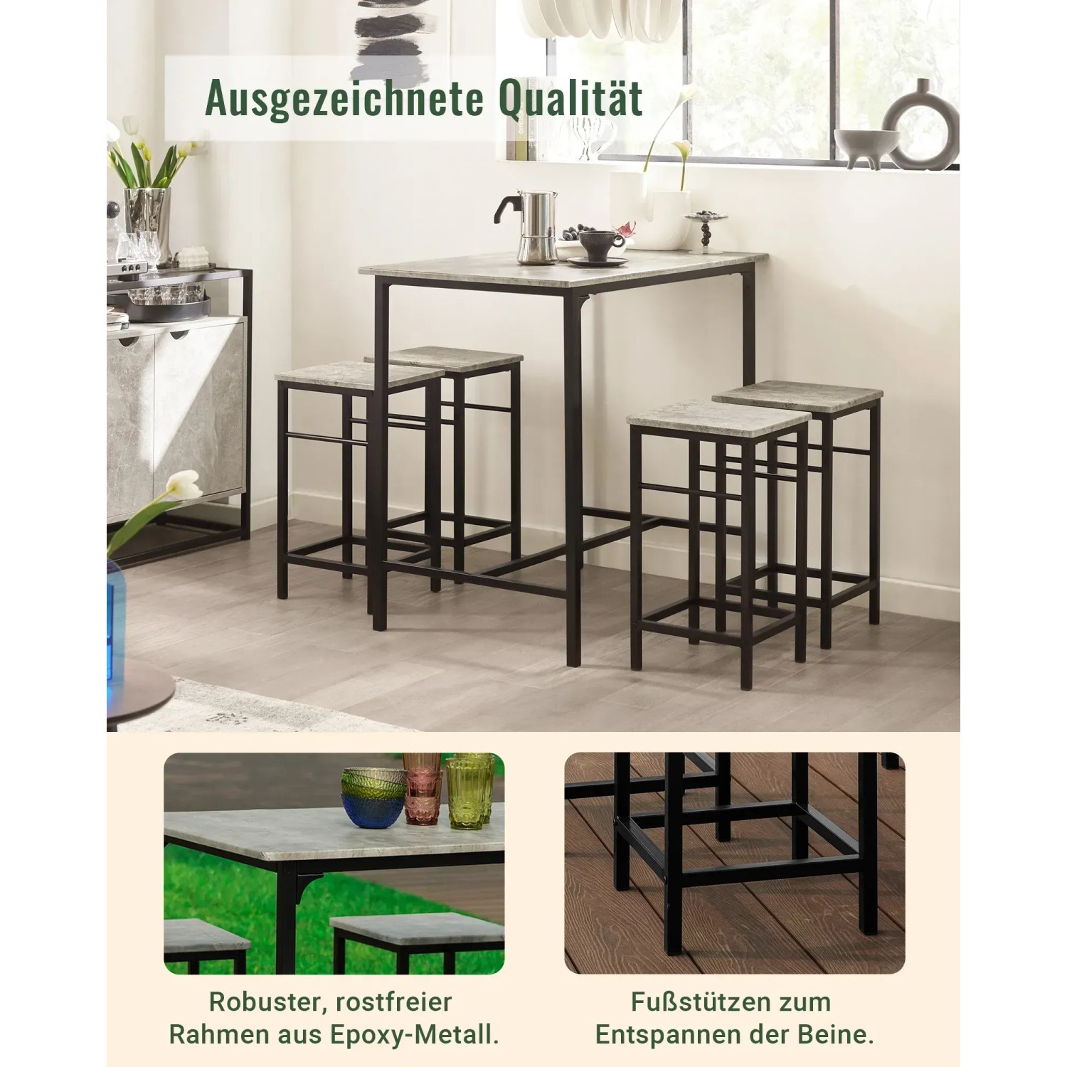 SoBuy Essgruppe OGT11-HG: Bartisch-Set mit 4 Hockern, grau-schwarz, ideal für kleine Räume.