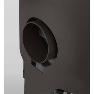 Detailaufnahme des Abgasrohranschlusses am gussgrauen Justus Kaminofen Usedom 5 mit Specksteinverkleidung.