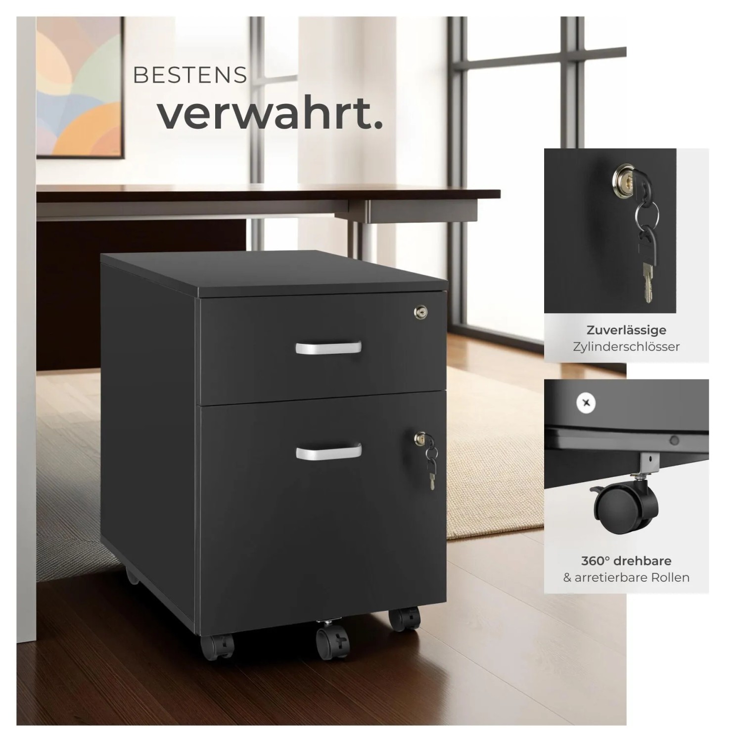 Tectake Rollcontainer Vagur Mit 2 Schubladen Für Dokumente Im A4 Format Abschließbar  Inkl  Ersatzschlüsseln  46 x 40 x 54 50 cm Schwarz_4