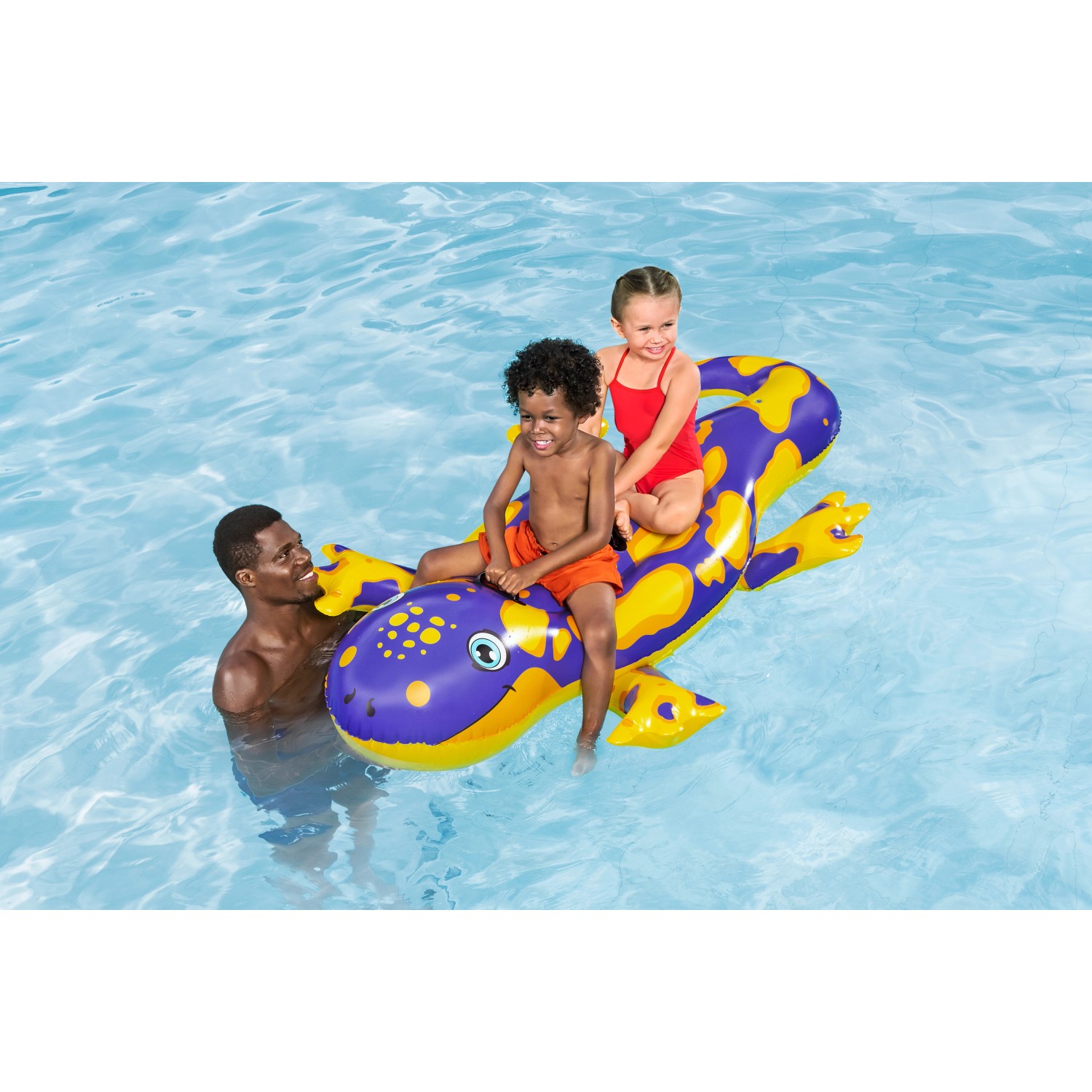 Bestway Schwimmtier Splashing Salamander mit Kindern im Pool, blau-gelb, ca. 191x119cm.