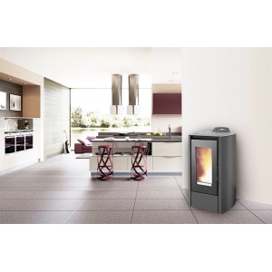 Schwarzer Rowi Pelletofen (5 kW) aus Stahl im modernen Wohnraum.