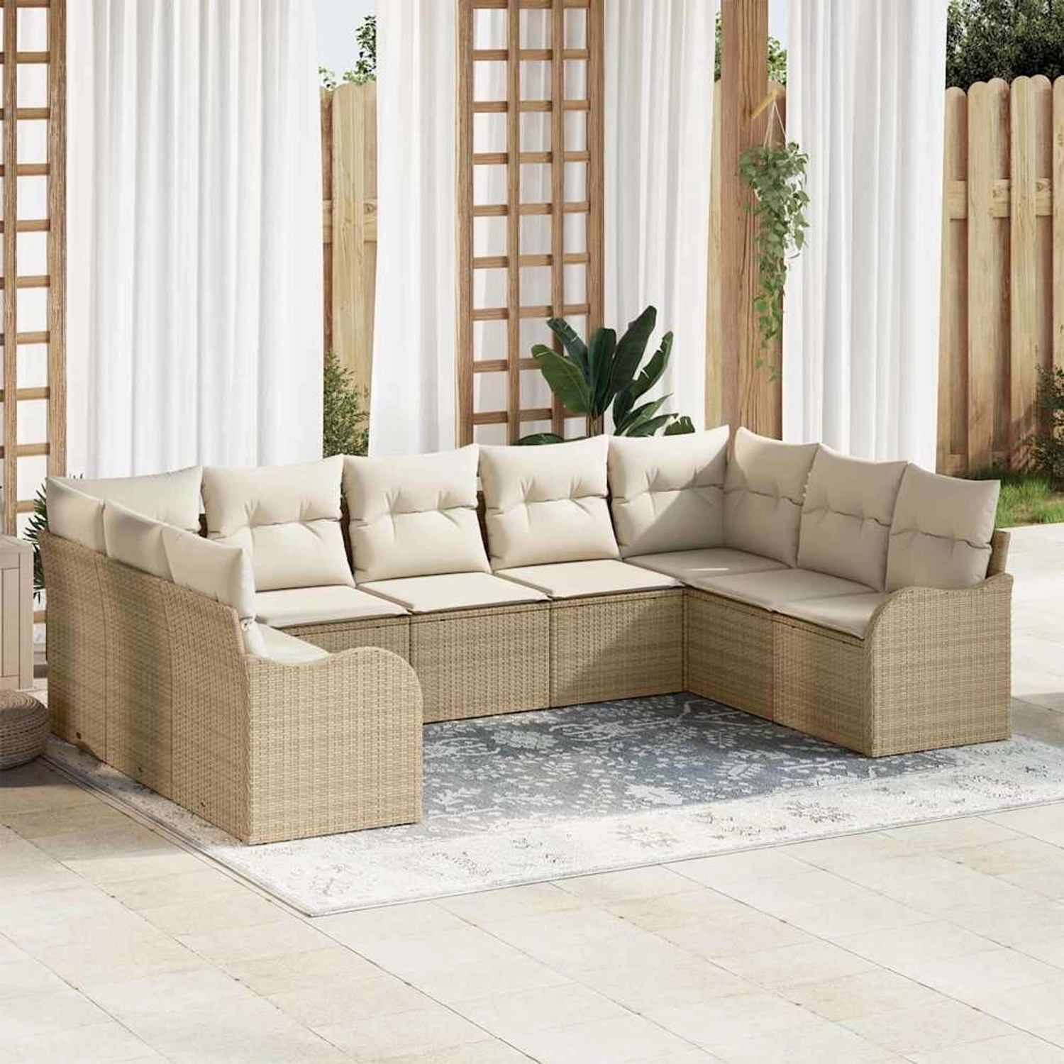 Beiges vidaXL Garten-Sofa-Set mit Kissen, 9-teilig, aus Poly Rattan. Modulares Lounge-Set für Terrasse und Garten.