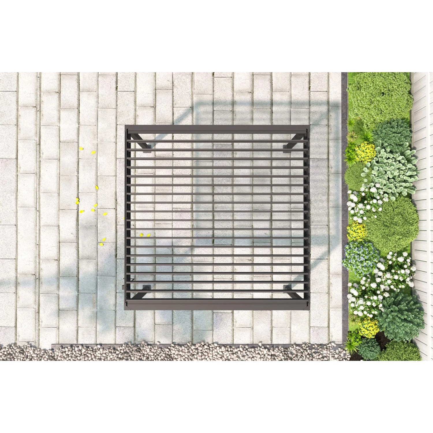 MWH Pergola Origin 88 Anthrazit 3x3m mit verstellbarem Lamellendach, auf Terrasse neben Gartenpflanzen.