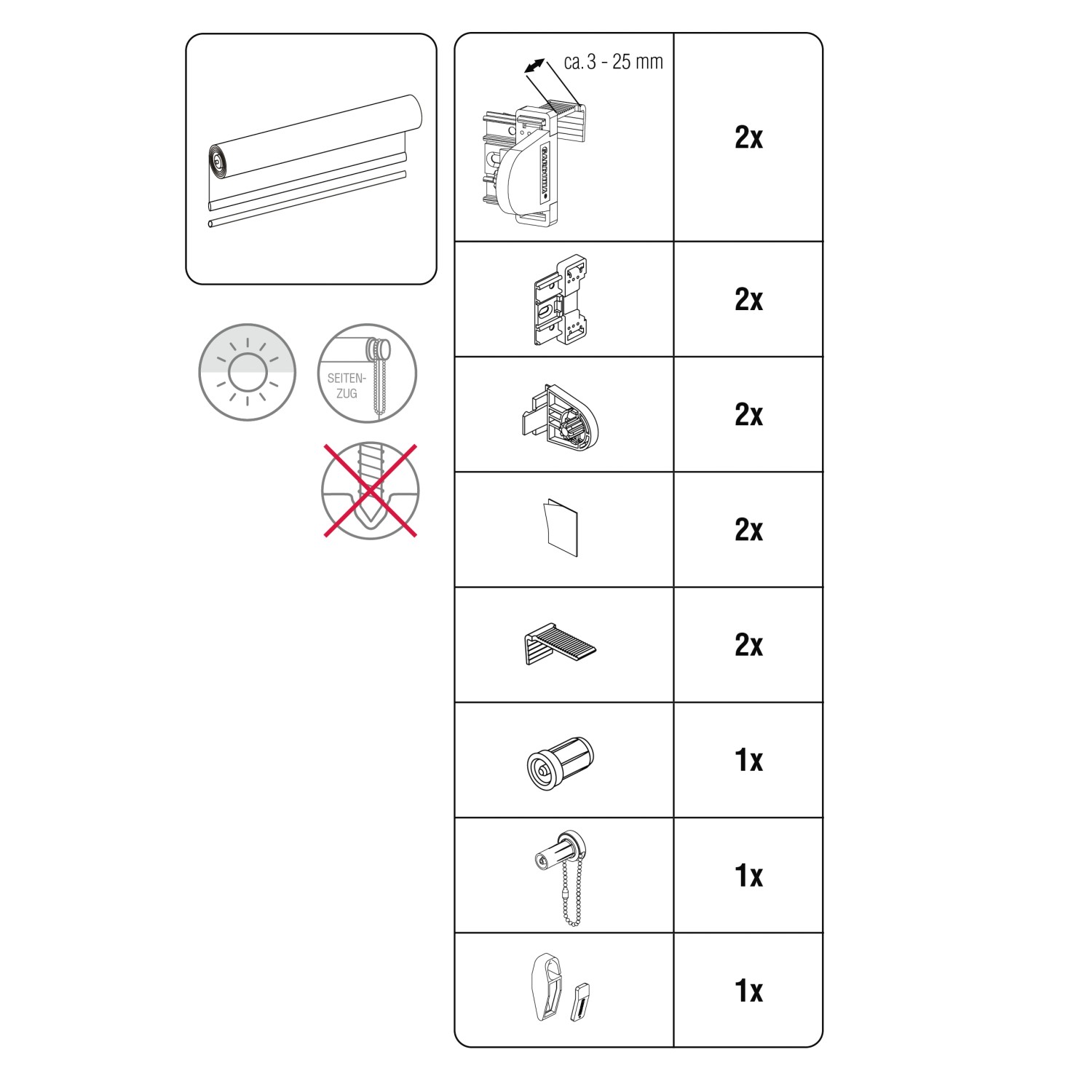 Bestandteile für Gardinia EasyFix Rollo Jahreszeit 60x150 cm, Montage ohne Bohren.