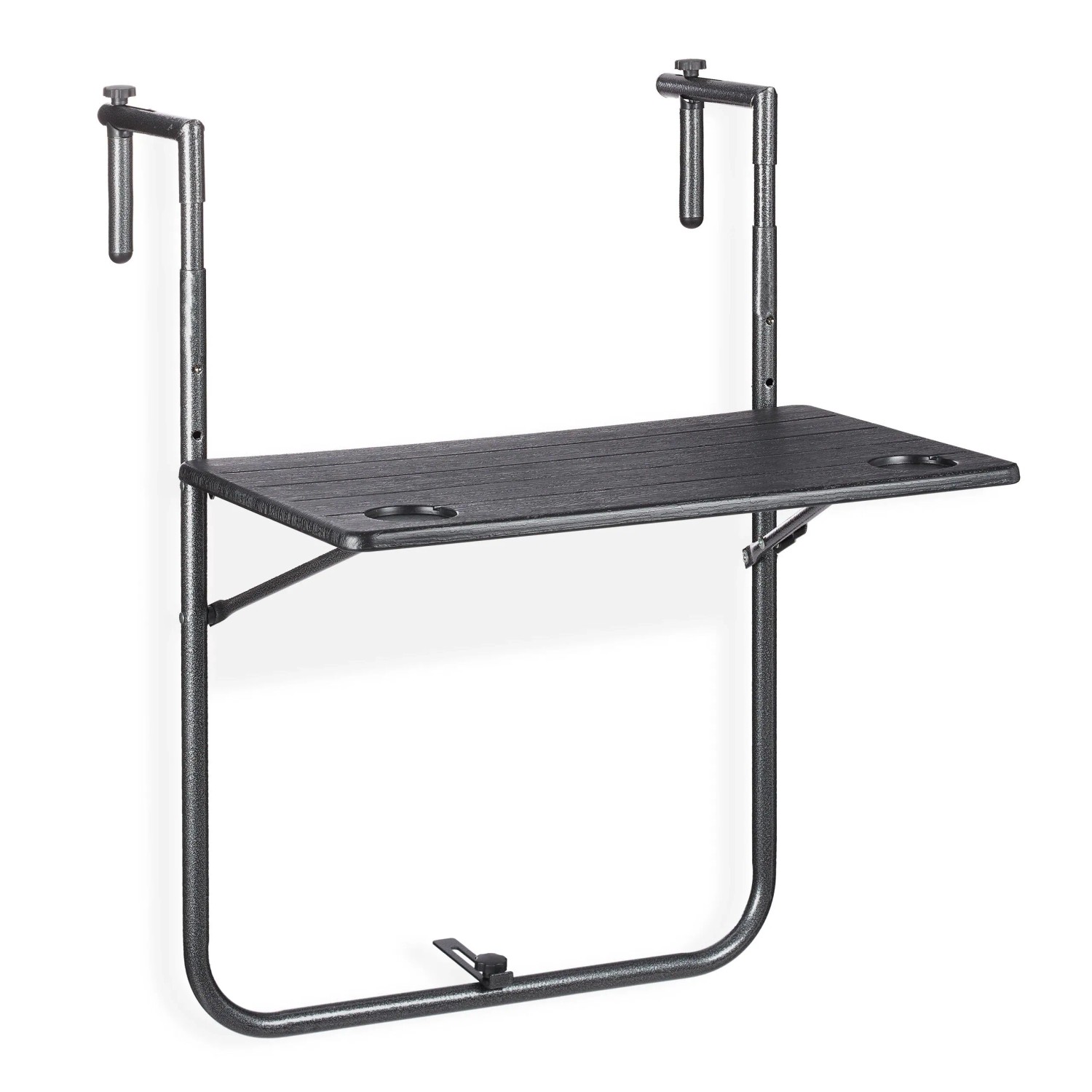 Relaxdays Balkonhängetisch Metall Kunststoff Schwarz Klappbar Höhenverstellbar mit 2 Getränkehaltern 83 cm x 59,5 cm x 59 cm 2,8 kg