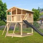 Karibu Stelzenhaus Benjamin mit Rutsche und Netzrampe in Natur-Anthrazit für den Garten.