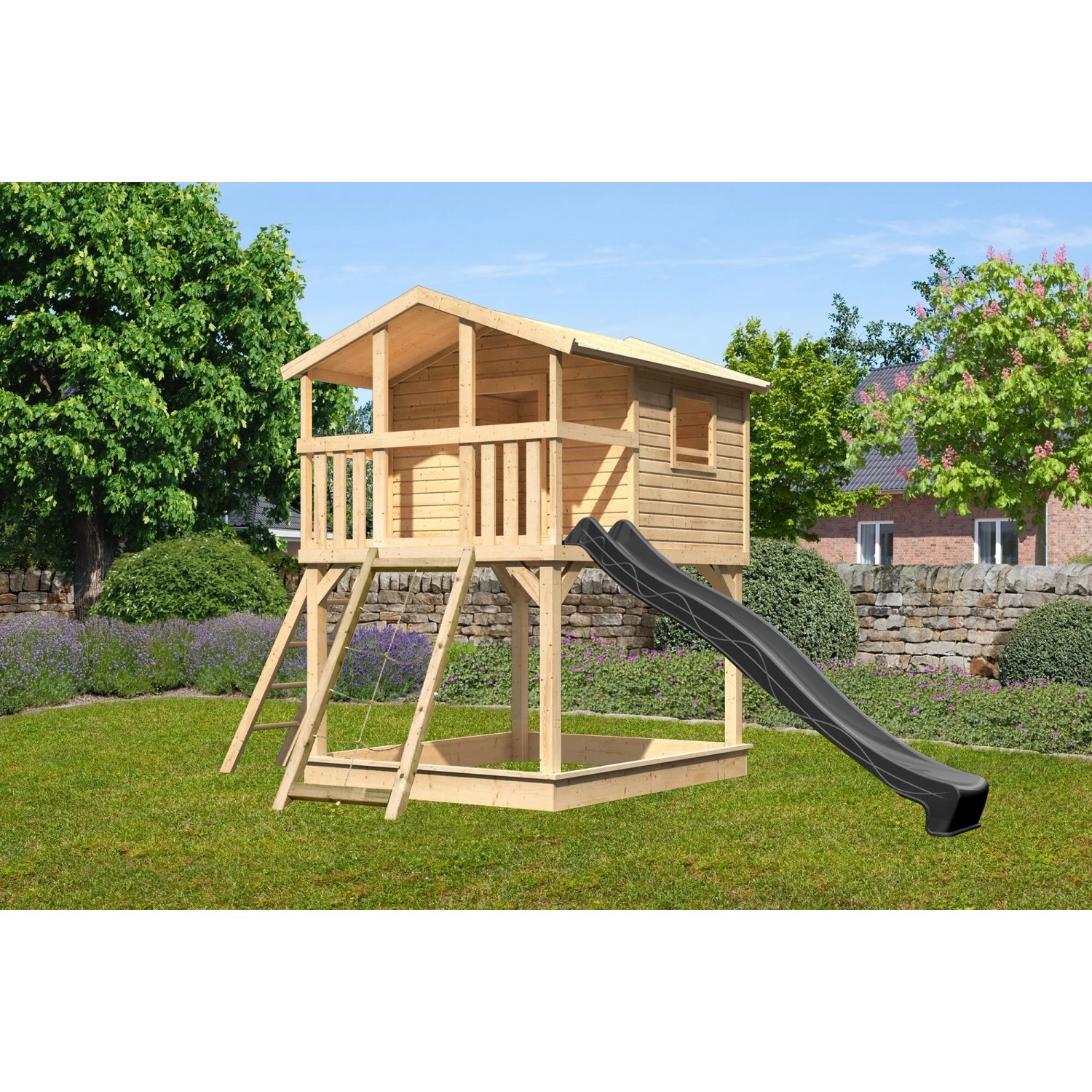 Karibu Stelzenhaus Benjamin mit Rutsche und Netzrampe in Natur-Anthrazit für den Garten.