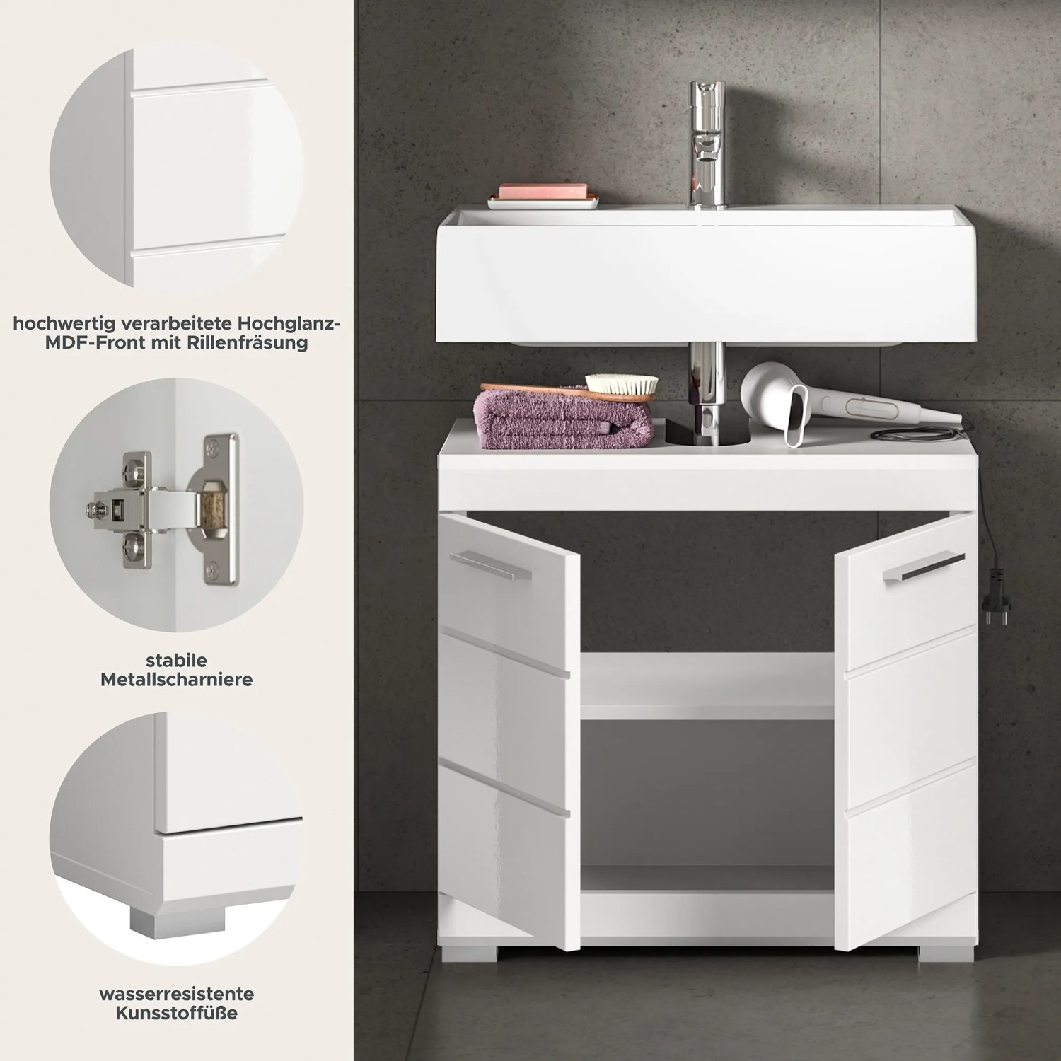 Waschbeckenunterschrank, 60 cm, Weiß Hochglanz mit zwei Türen, für Badezimmer.