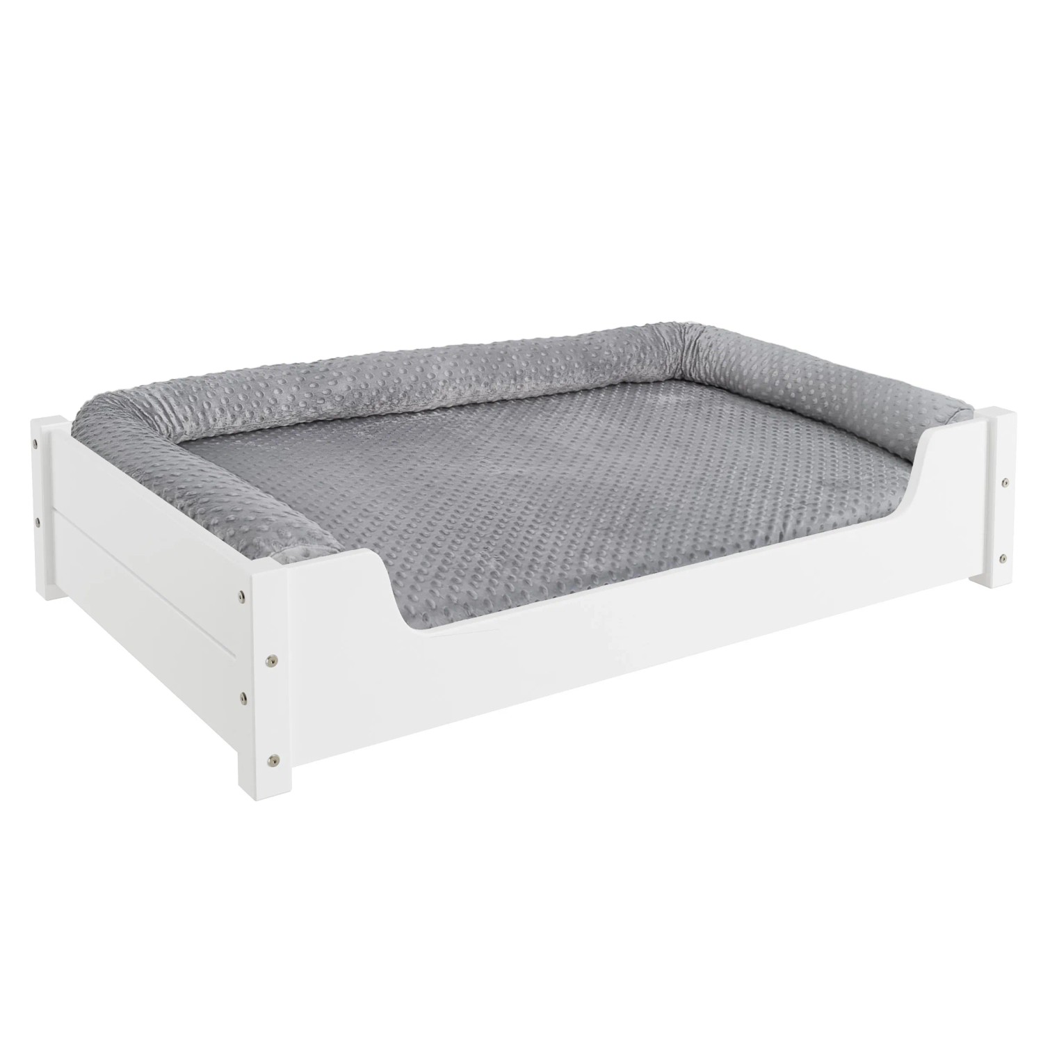 Weißes Erst-Holz Hundebett 100x60 cm mit Rollrost und grauer Matratze für große Hunde.