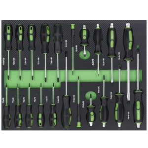 TRUTZHOLM Werkstattwagen Einlage mit 21 Schraubendrehern (Schlitz, Kreuz, Torx) in Schaumstoffeinlage, grün.