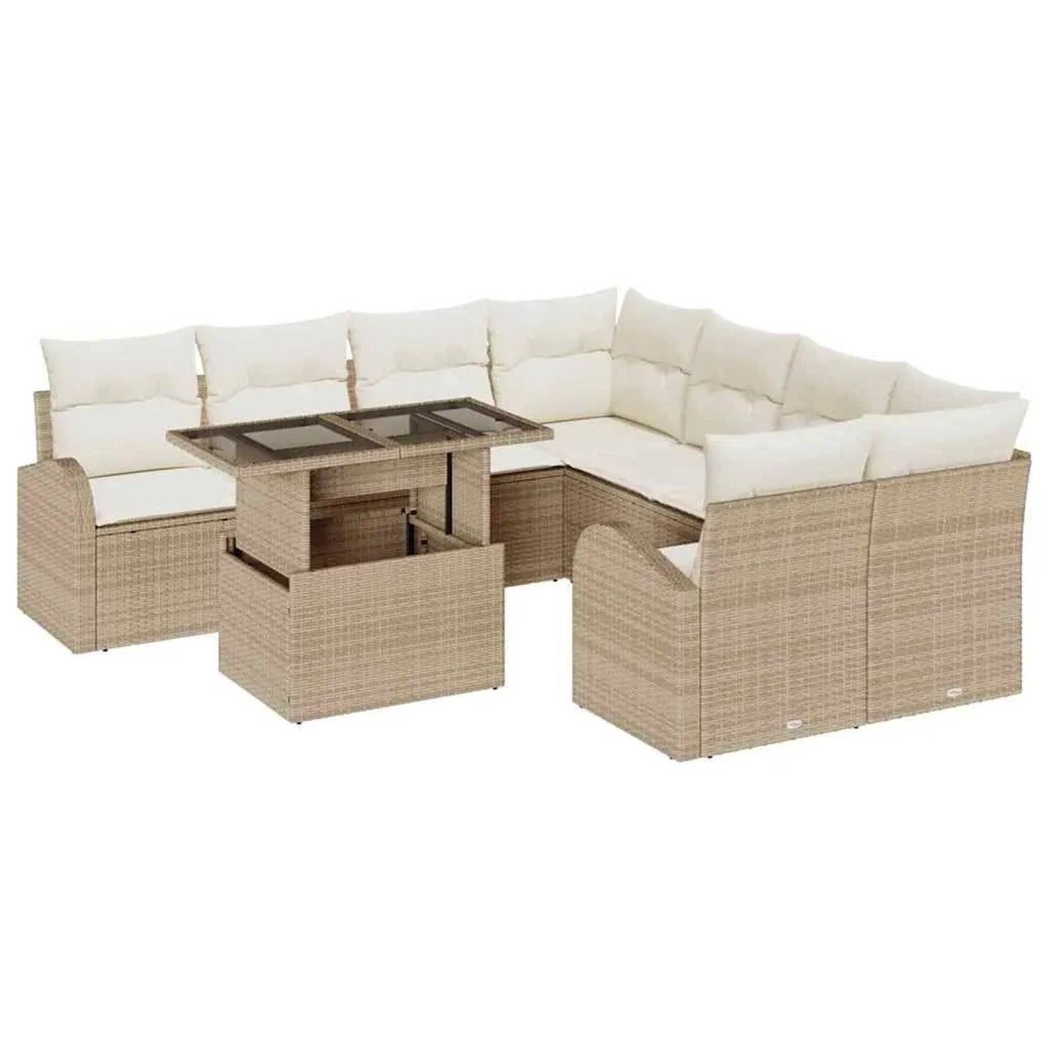 vidaXL Garten-Sofa-Set mit Kissen mit Speicher 9-Tlg Beige Poly Rattan 3357354