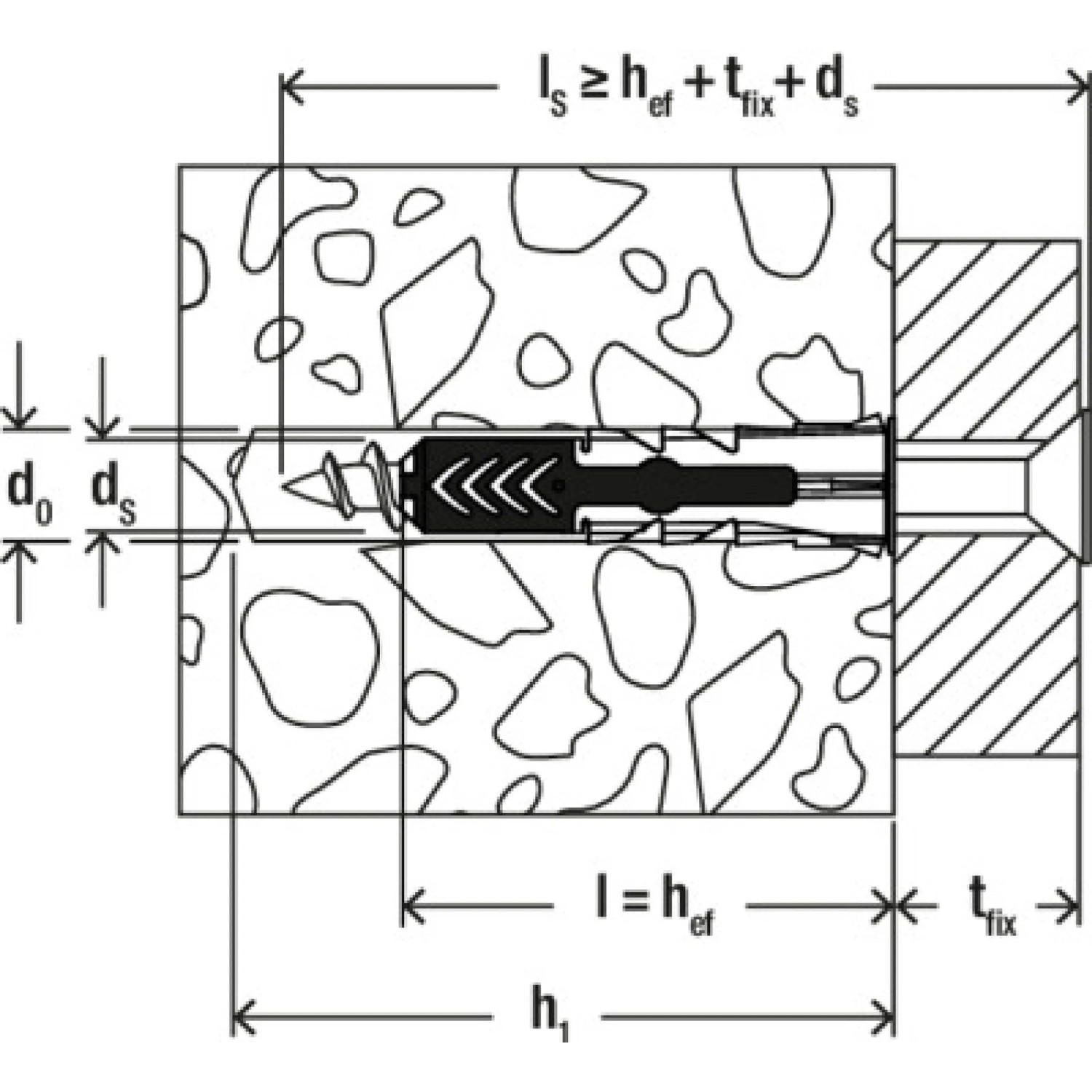 Schemazeichnung: Fischer DuoPower S Universaldübel (6x50mm) im Mauerwerk mit Schraube und Bemaßung.