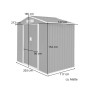 Graues Hattoro S100 Metall Gerätehaus XL mit Maßangaben für den Garten.