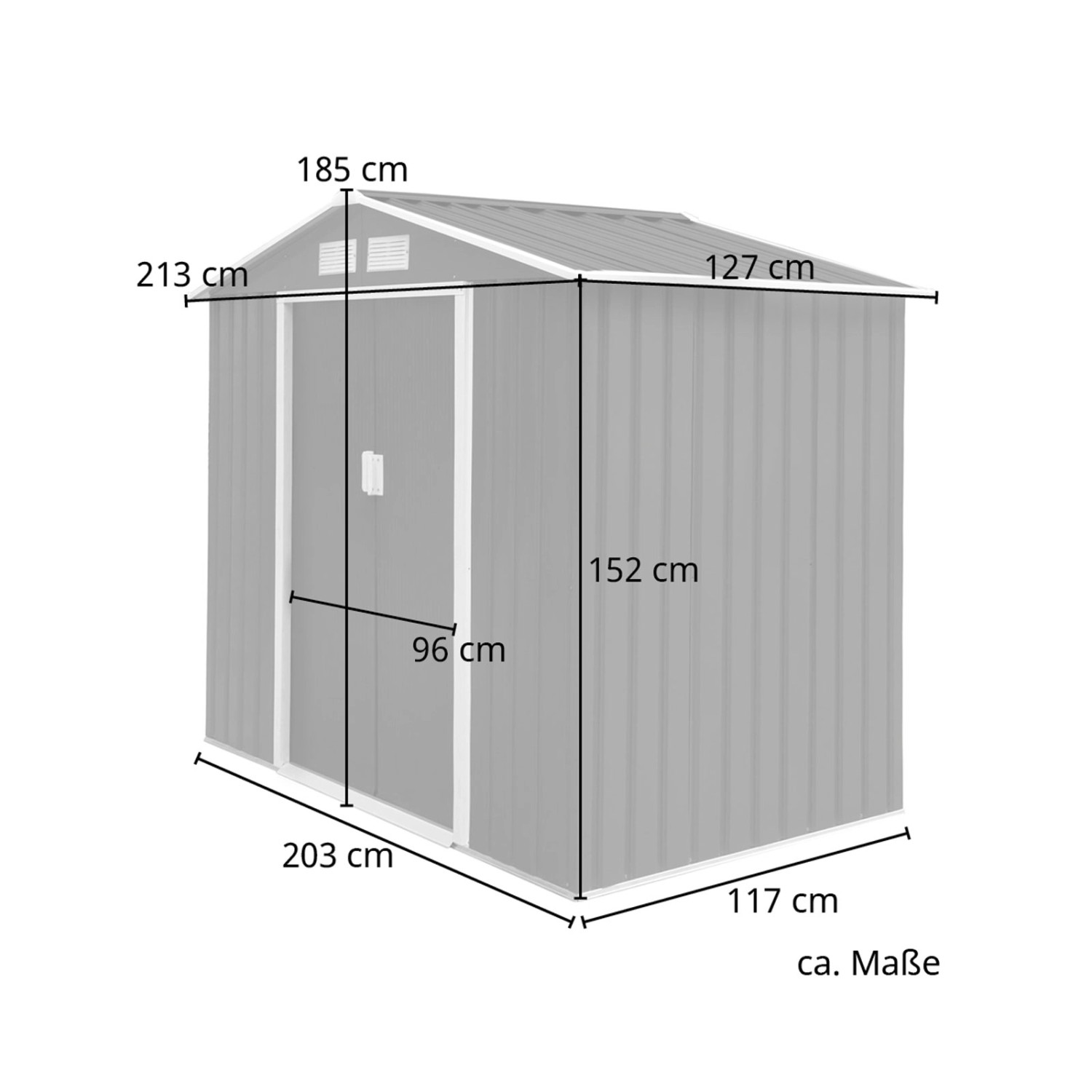 Graues Hattoro S100 Metall Gerätehaus XL mit Maßangaben für den Garten.