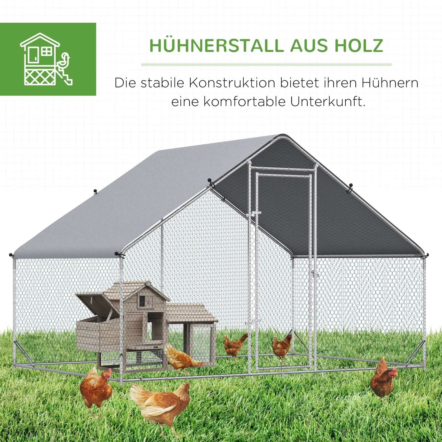 PawHut Hühnerstall aus Stahl und Kunststoff, silber/grau, 300x200x200cm mit Freilaufgehege.