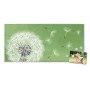 Silberne Magnettafel 78x37cm mit Pusteblumen Motiv und Magneten, ideal als Wanddekoration.