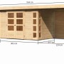 Karibu Holz-Gartenhaus Sölve Natur mit Flachdach und Anbau, Maße eingezeichnet.