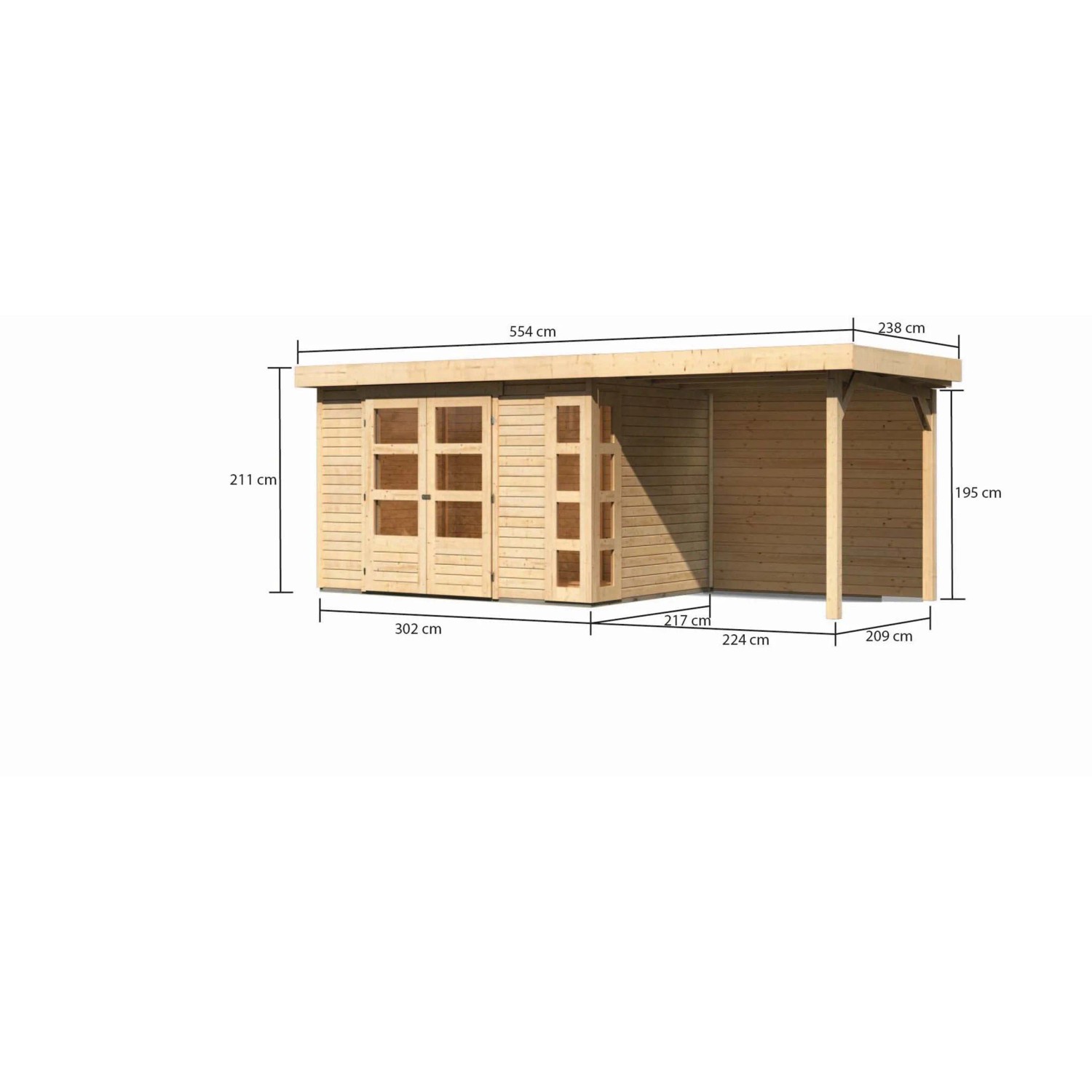 Karibu Holz-Gartenhaus Sölve Natur mit Flachdach und Anbau, Maße eingezeichnet.