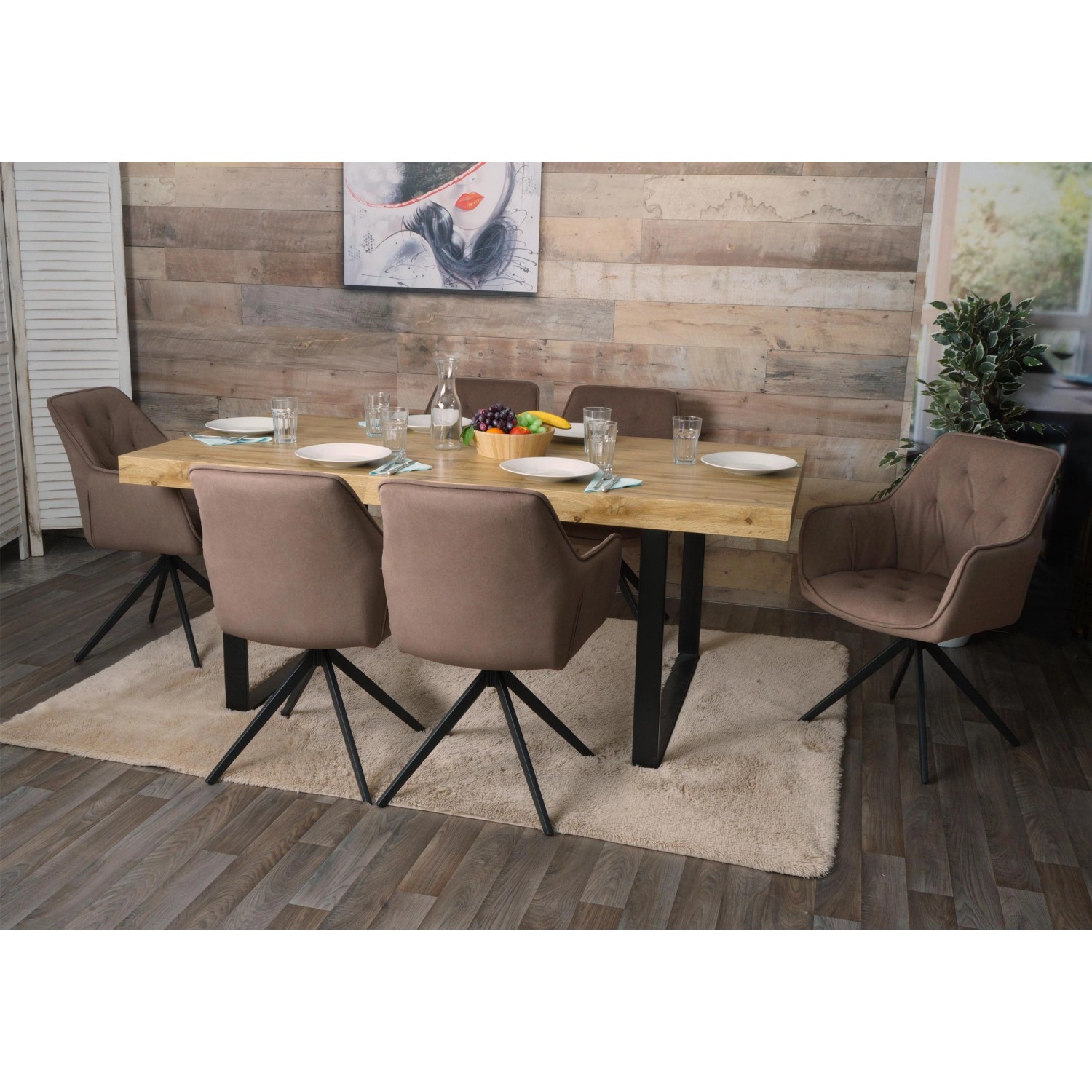 6er-Set: Braune MCW Esszimmerstühle L80 mit Armlehnen und schwarzem Stahlgestell am Esstisch.