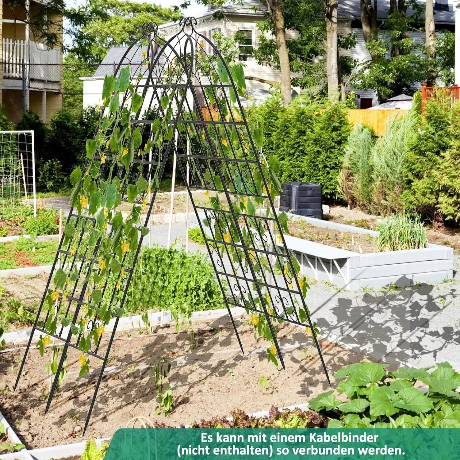 Costway Rankgitter 4er Set aus Metall, schwarz, 180x50cm, mit Kletterpflanzen im Garten.