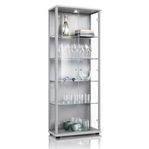 Silberne K-Möbel Vitrine mit LED-Beleuchtung und Glasböden, 176x67x33 cm.
